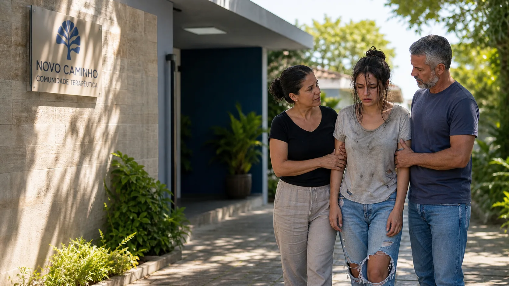 Família levando filha adulta para tratamento feminino na comunidade terapêutica