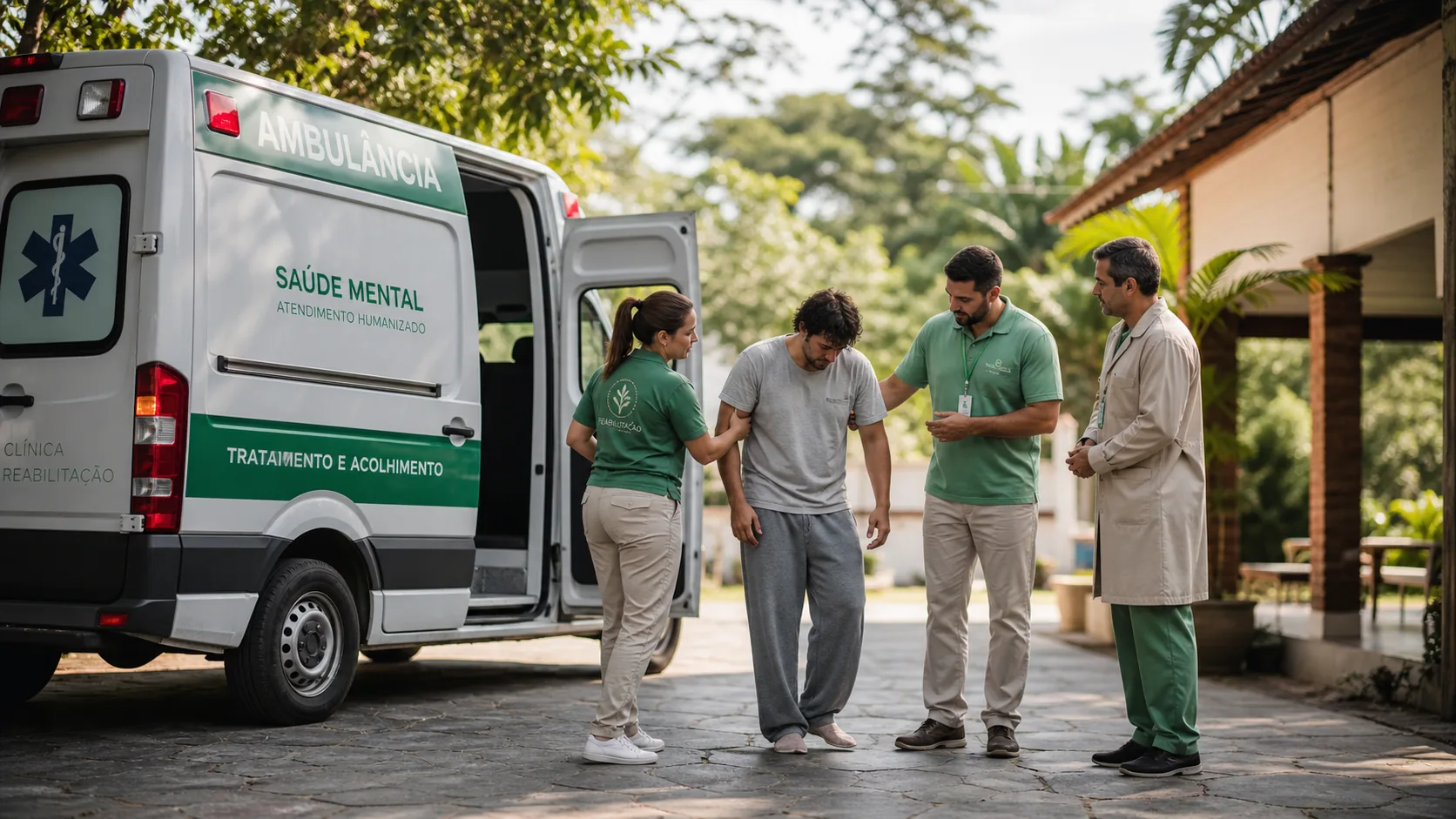 Equipe de remoção conduzindo paciente em surto com acolhimento para ambulância